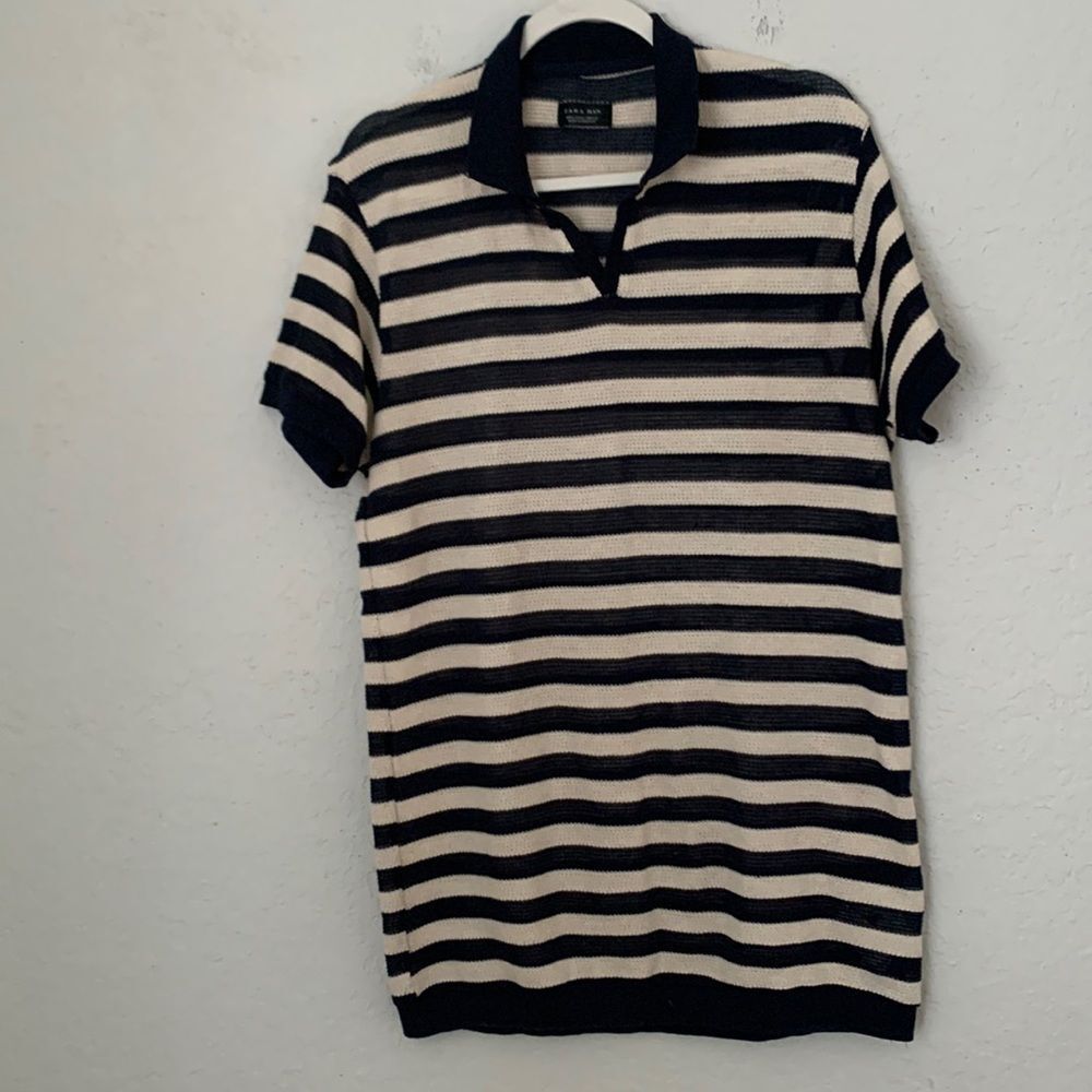 Zara Black and Cream Striped Polo Shirt